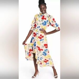 RIXO Target Ruffle Cascade Maxi Dress Size 10 Rayon High Low Puff Sleeve Floral